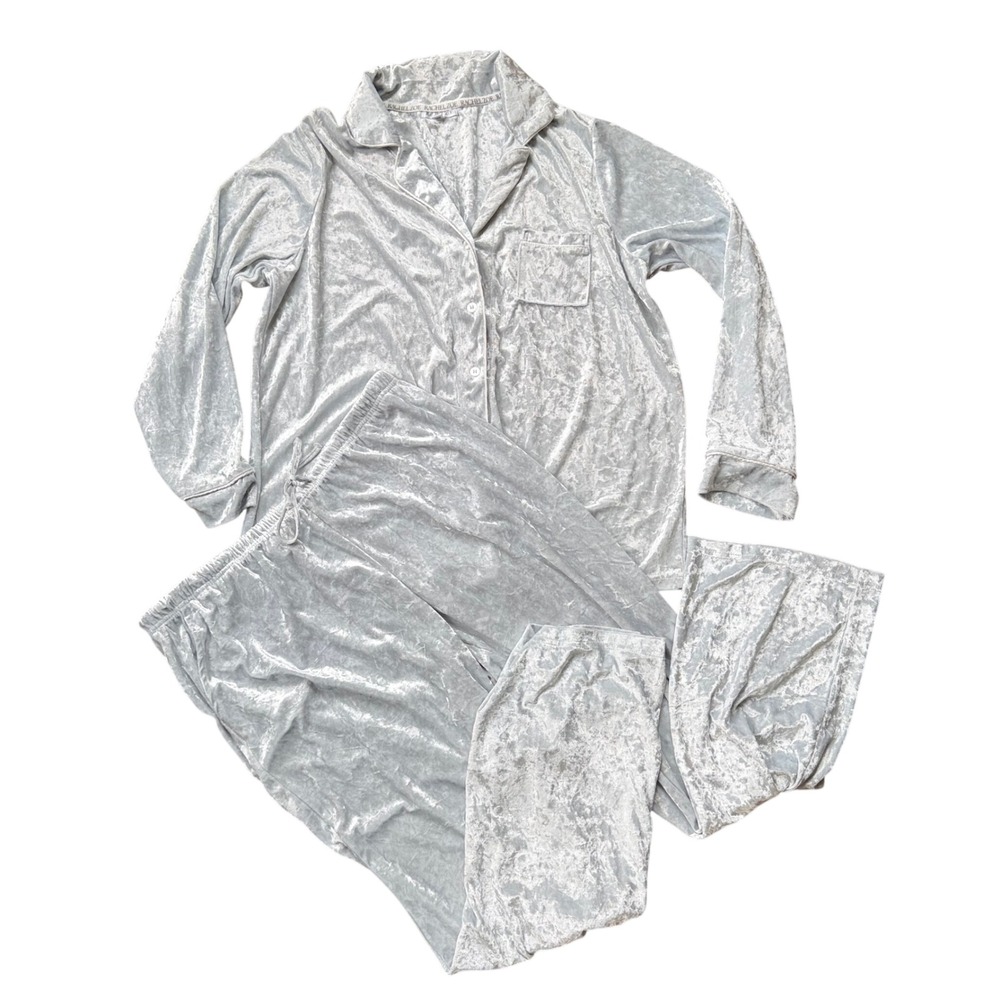 Rachel Zoe Pajama Set Women 1X Silver Blue Excellent Crushed Velvet Loungewear